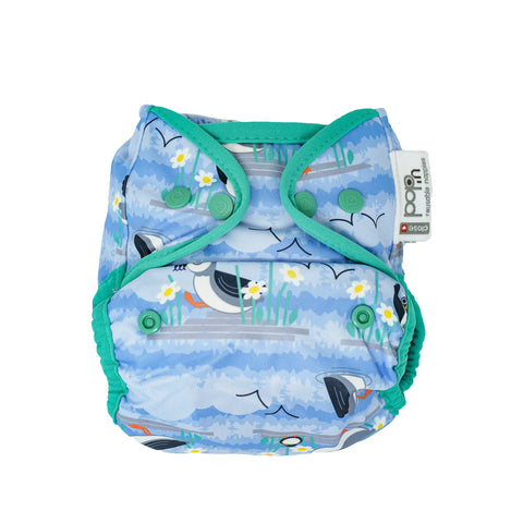Pop-In Single Printed Nappy Bamboo Popper Blue Puffin