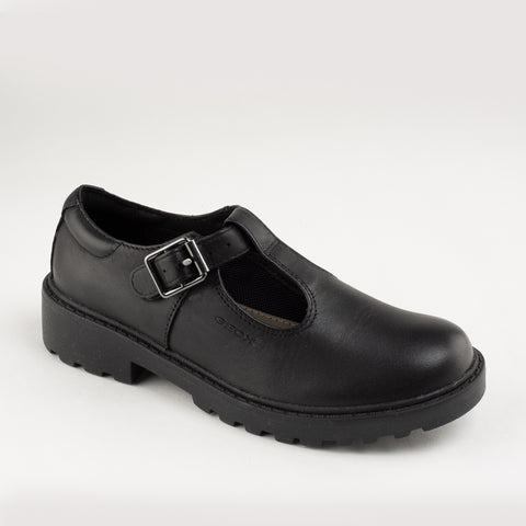 Geox Casey Black Leather T-Bar Ballerina Shoe