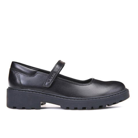 A black Geox Casey Ballerina Mary Jane flat shoe with a school-appropriate design. From Naturally Kids Shoes.