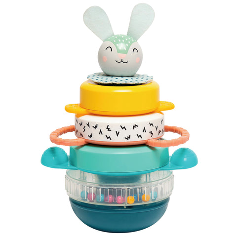 Stackable toy with colorful rings and a bunny-like top on a white background