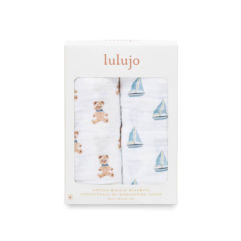 Lulujo - Cotton Swaddle - Vintage Bear & Sailboats - 2 Pack