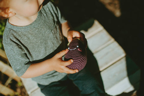 Crochet Baby Toy Friendly aubergine rattle