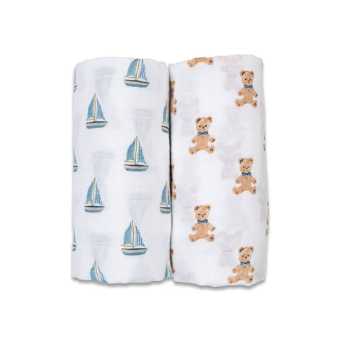 Lulujo - Cotton Swaddle - Vintage Bear & Sailboats - 2 Pack
