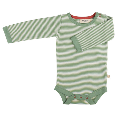Green and white striped baby vest on a white background