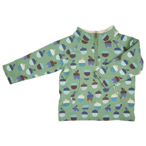 Green children's jacket with acorn pattern on a white background