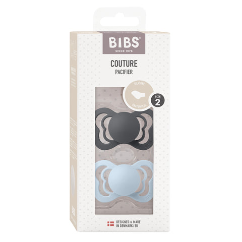 BIBS Pacifier Couture 2 Pack Silicone - Iron/Baby Blue