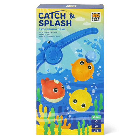 Box of 'Catch & Splash' bath fishing game by Tiger Tribe with colorful design and fishing rod illustration.