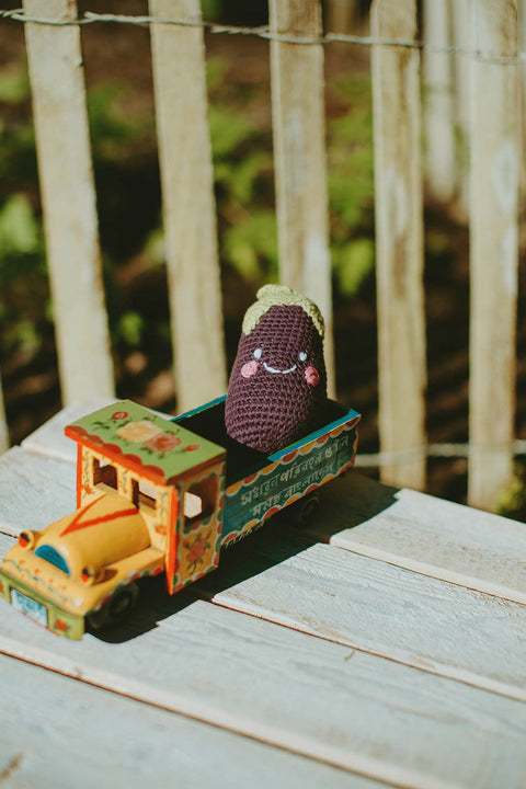 Crochet Baby Toy Friendly aubergine rattle
