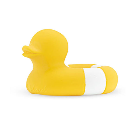 Yellow rubber duck with a white belly