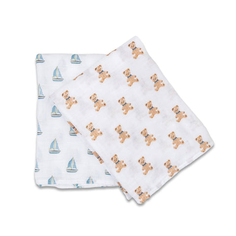 Lulujo - Cotton Swaddle - Vintage Bear & Sailboats - 2 Pack
