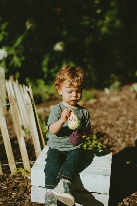 Crochet Baby Toy Friendly aubergine rattle