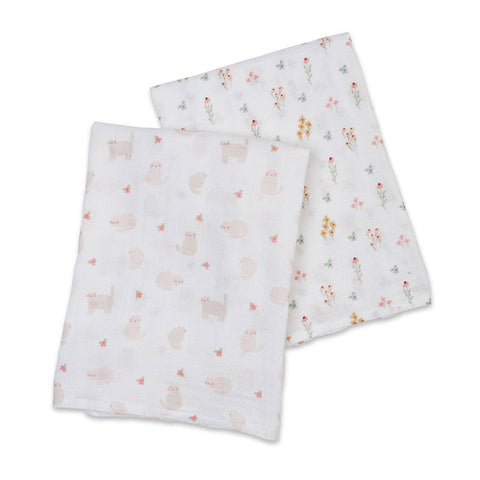 Lulujo - Cotton Swaddle - Kitty Cat & Flower Field 2 Pack