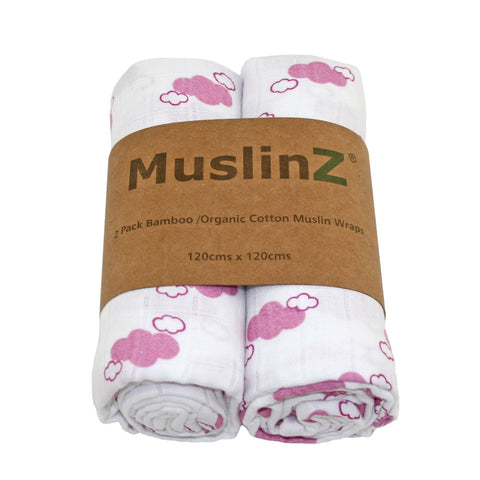Muslinz 2 Pack Bamboo/Organic Cotton Muslin Swaddles 120x120cm – White/Leaf Print